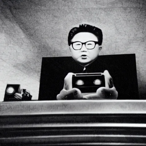 Prompt: A filmstill of Kim Jong-il looking upwards towards a movie screen projecting monster movies, Cooke Varotal 20-100mm T3 lens, ambient fog, night, ultra-wide lens, 14mm, cinemascope