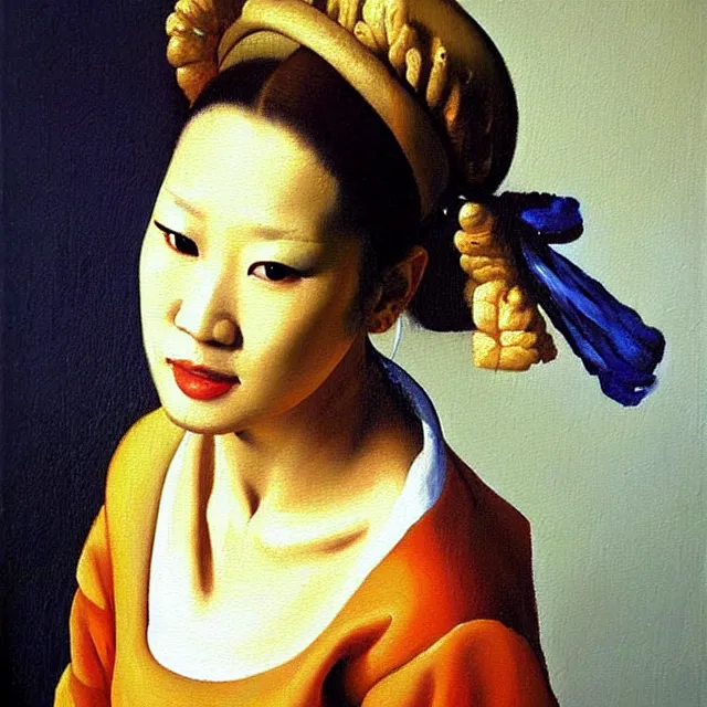 Image similar to a beautiful painting coco lee, by jan vermeer realistic oil painting