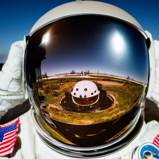 Image similar to wide angle pinhole photo of an astronaut infinite helmet award winning national geographic, space monster can be seen in the helmet reflection