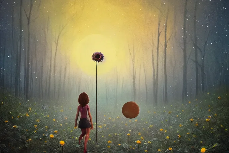 Image similar to giant daisy flower as head, girl walking in forest, surreal photography, dark night, stars, moon light, impressionist painting, clouds, digital painting, artstation, simon stalenhag