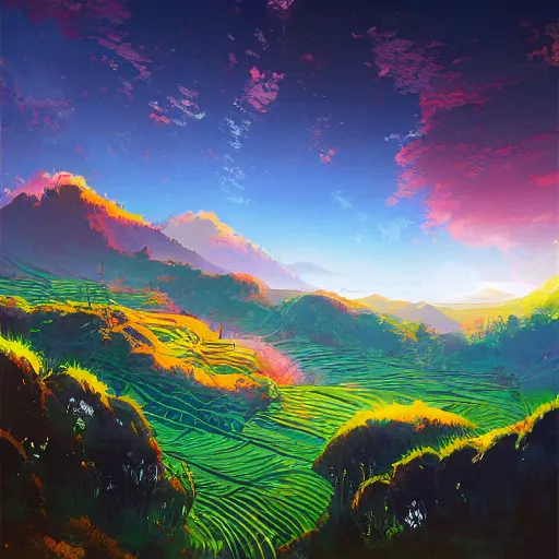 Image similar to beautiful scenery of rice terraces, by anato finnstark, by alena aenami, by john harris, by ross tran, by wlop, by andreas rocha