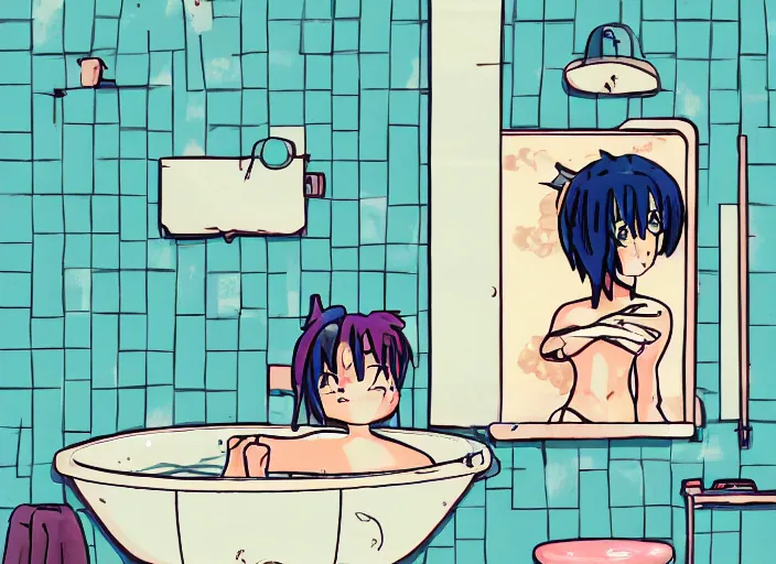 Image similar to girl in bathtub, bathroom, boring, anime, 1 9 9 0 s, retro style, aesthetic, chill, room