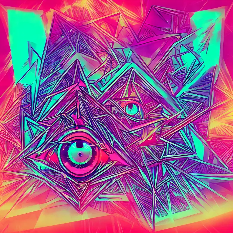 Image similar to the illuminati\'s all seeing eye, synthwave neon dark album cover design, digital art