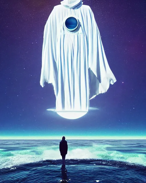 Image similar to a person wearing a white cloak standing in the water. a large planet is overhead. an album cover by stanley twardowicz, trending on cg society, retrofuturism, retrowave, chillwave, synthwave