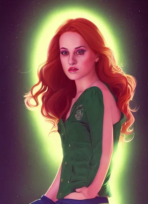 Image similar to full body portrait of teenage cheryl blossom, bangs, green eyes, mischievous expression, red hair, sultry smirk, bangs and wavy hair, 1 9 8 0 s, intricate, elegant, glowing lights, highly detailed, digital painting, artstation, concept art, smooth, sharp focus, illustration, art by wlop, mars ravelo and greg rutkowski