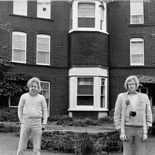 Image similar to a man stands next to the world's largest plum pudding in front of a suburban english house in the year 1 9 7 9