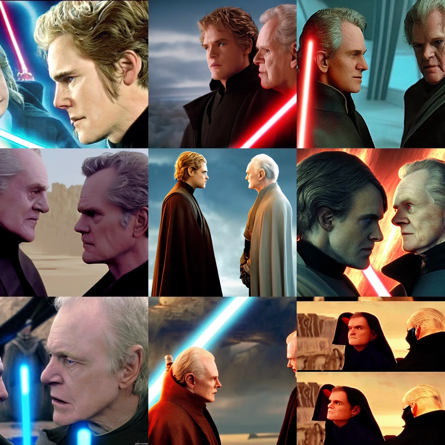 Prompt: breathtaking movie still from Star Wars: Episode III - Revenge of the Sith of Anakin Skywalker and Chancellor Palpatine looking into each other\'s eyes romantically. They are in love.