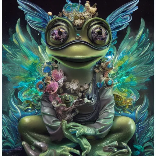 Image similar to plasticine wet shiny angels, crystal, moonlit, mirrors, camera angled dramatically, realistic hyperdetailed design of pepe the frog, ferocious, chinese mythology, victo nga, fumo yoshitoshi, ren jing jeong, feifei ruan, peter mohrbacher, takato yamamoto