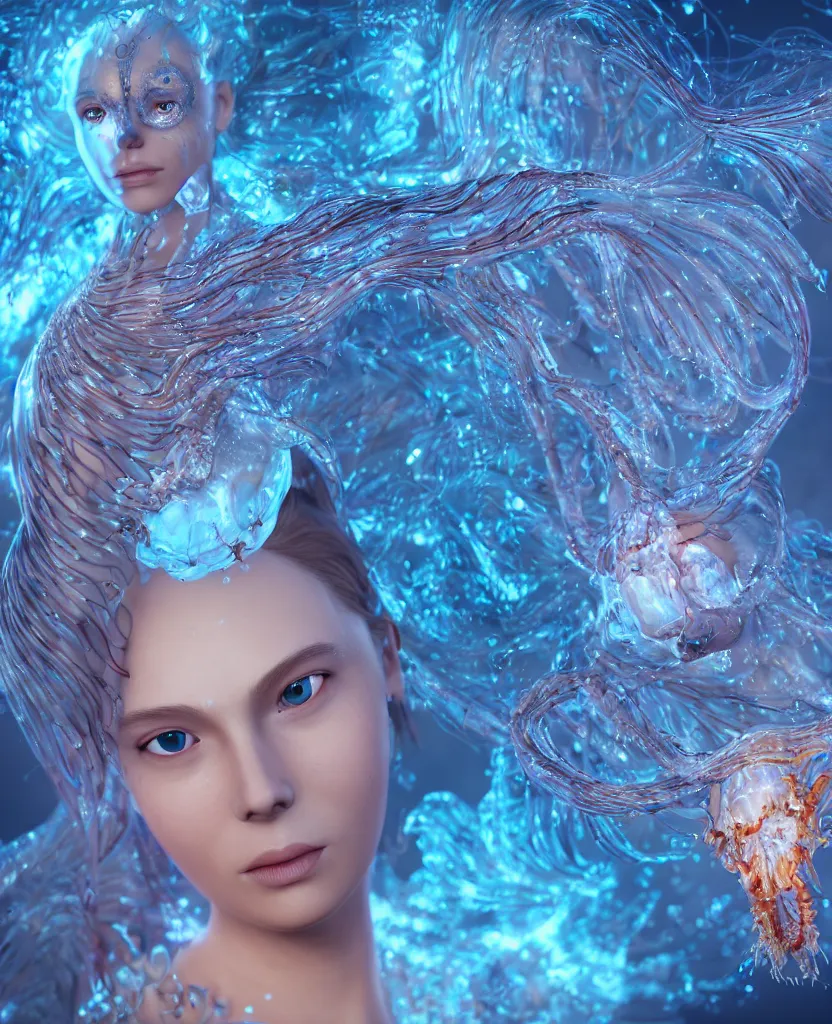 Image similar to close-up macro portrait of the face of a beautiful princess, epic angle and pose, symmetrical artwork, 3d with depth of field, blurred background, cybernetic jellyfish female face skull phoenix bird, translucent, nautilus, energy flows of water and fire. a highly detailed epic cinematic concept art CG render. made in Maya, Blender and Photoshop, octane render, excellent composition, cinematic dystopian brutalist atmosphere, dynamic dramatic cinematic lighting, aesthetic, very inspirational, arthouse. y Greg Rutkowski, Ilya Kuvshinov, WLOP, Stanley Artgerm Lau, Ruan Jia and Fenghua Zhong