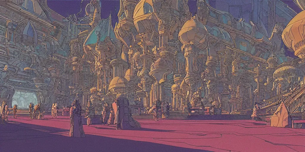 Image similar to cel shaded cinematic shot, matte illustration, the interior of a scifi space station with ornate elven architecture bustling with people, epic castle, emerald, crystalline, detailed illustration, sharp focus, crisp lines, art by moebius, jean giraud moebius comic illustration
