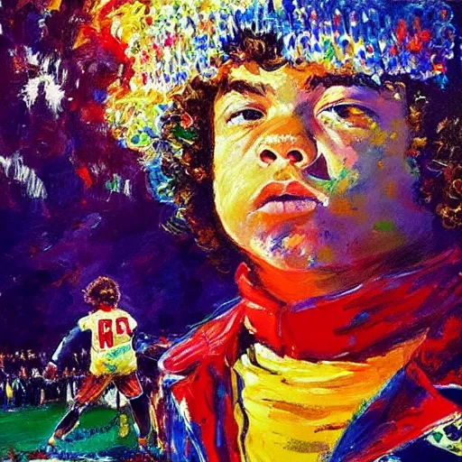 Prompt: gaten matarazzo by leroy neiman, intricate, ultra detailed painting, atmospheric lighting, golden hour