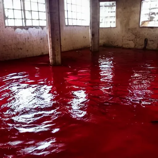 Prompt: photo of a classroom, the floor is flooded with one meter deep red water. eerie