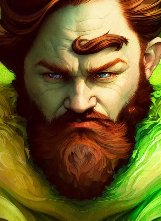 Prompt: close up portrait of shifty leprechaun, red chin curtain beard by artgerm, cushart krenz, greg rutkowski, mucha. art nouveau. gloomhaven, swirly liquid ripples, green tones, vibrant colors, sharp edges. ultra clear detailed. 8 k. elegant, intricate, octane render