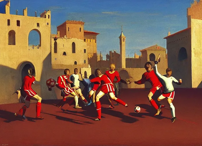 Image similar to aslouchy medieval knights playing soccer, rome, highly detailed, soft lighting, elegant, by edward hopper and james gilleard, zdzislaw beksinski, steven outram, highly detailed