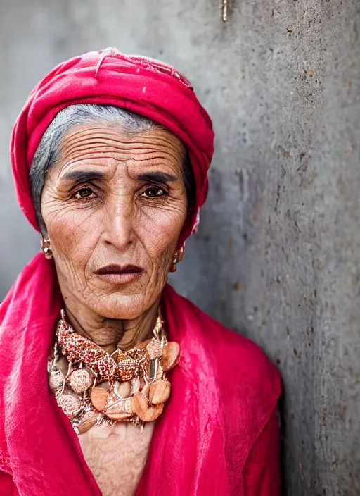 Prompt: Mid-shot portrait of a beautiful 60-year-old woman from Morocco, wearing traditional clothes, candid street portrait in the style of Martin Schoeller detailed, award winning, Sony a7R