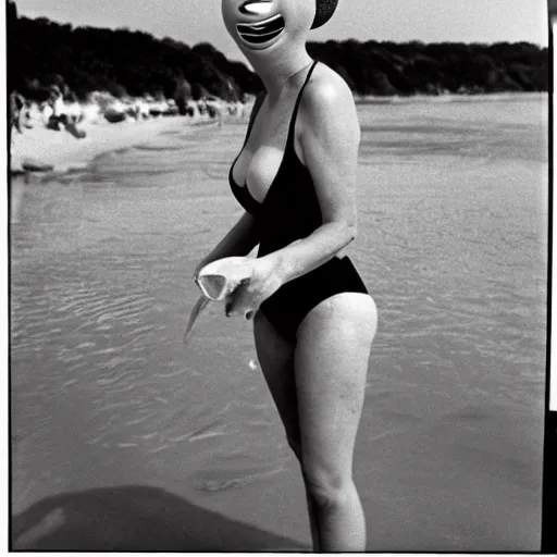 Image similar to 1976 woman wearing a happy squishy inflatable prosthetic mask with googly eyes, soft color wearing a swimsuit at the beach 1976 color film 16mm holding a an inflatable fish Fellini John Waters Russ Meyer Doris Wishman old photo