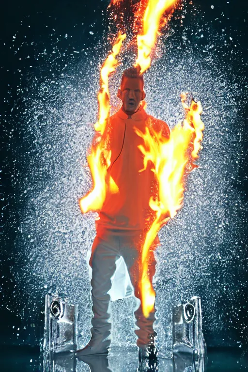 Prompt: scooter rapper baxxter with white hair standing in water shouting in the microphone with explosion and flames in background, full body, white shirt, black pants, reflection in water, volumetric lighting, golden ratio