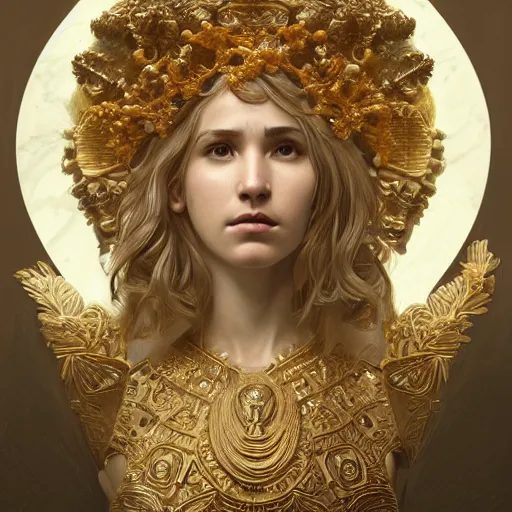 Prompt: portrait of Ex Machina as a greek goddess, marble statue, greek mythology, gold crown and filaments, intricate, headshot, highly detailed, digital painting, artstation, concept art, sharp focus, cinematic lighting, illustration, art by artgerm and greg rutkowski, alphonse mucha, cgsociety