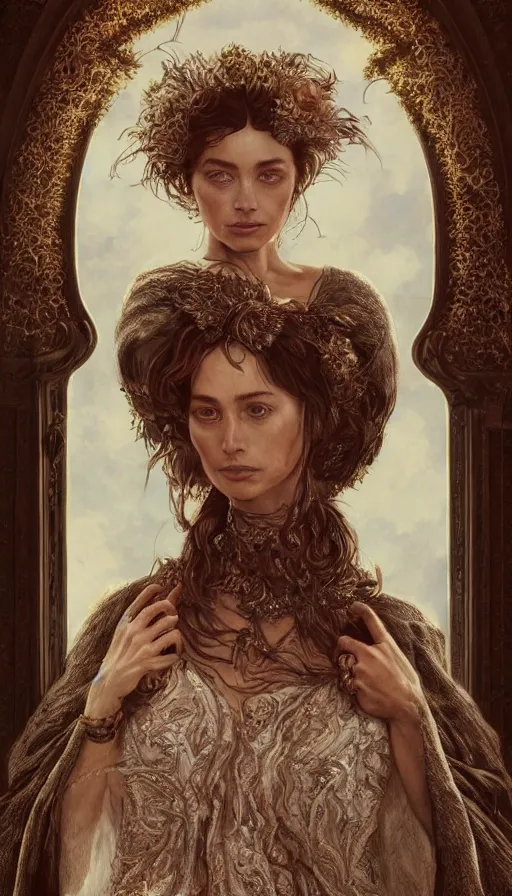 Image similar to emanuelle beart, traditional clothing, fame of thrones, fibonacci, sweat drops, intricate fashion clothing, insane, intricate, highly detailed, surrealistic, digital painting, artstation, concept art, smooth, sharp focus, illustration, unreal engine 5, 8 k, art by artgerm and greg rutkowski and alphonse mucha