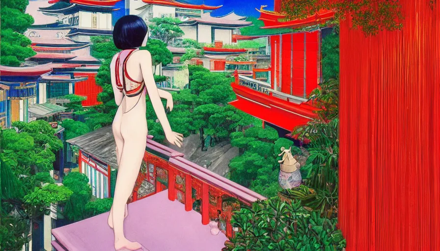 Prompt: a vibrant dream of a beautiful girl wearing gucci from behind on a balcony looking out over a fancy street in kyoto japan, lush plants, jiufen taiwan, glowing paper lanterns, high fashion, magic details, by moebius, edward hopper, james gilleard, and james jean, hd, 8 k, trending on artstation, uhd,