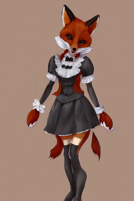 Image similar to a fox fursona wearing a maid outfit, highly detailed, digital art, trending on artstation, furry art