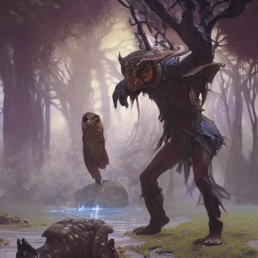 Prompt: Magic The Gathering art action shot of goblin scientist fighting an owl bear, drawn by Donato Giancola and Tom Bagshaw, Edmund Leighton, Alphonse Mucha, 4k, volumetric lighting, komorebi, intense battle scene award winning, octane render, hyperrealistic