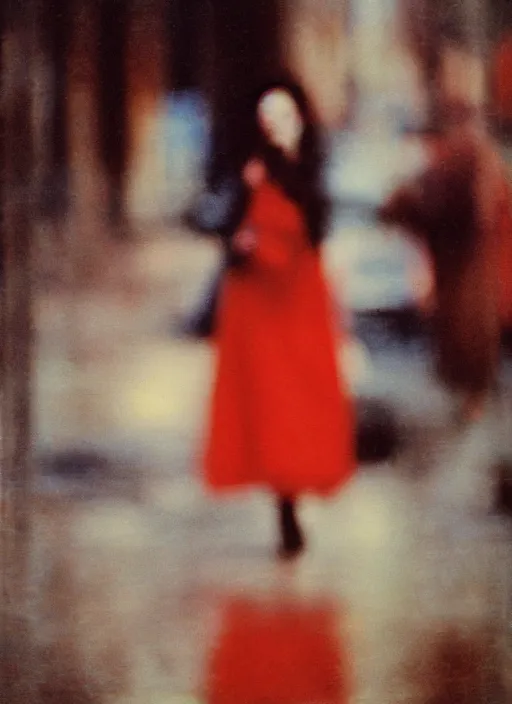 Image similar to portrait, blurry, street photography by saul leiter, red, pale