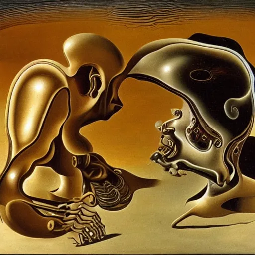 Prompt: Two mechanical beings in a deep conversation. Dali.