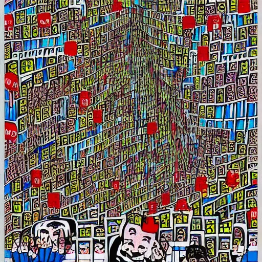 Image similar to a chinese prison, in the style of daniel johnston and outsider art, 8 k, line brush, minimal, brightly coloured, flat, stark, overlaid with chinese adverts