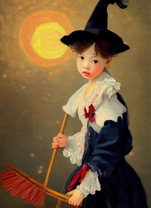 Prompt: little cute witch in an oil painting by jean - honore fragonard, portrait, with a broom, bob cut black hair, red bow in the hair, asian girl, intricate details, symmetrical face, sky in the background, stars, sparkles, glitter, sunset, epic lighting, soft vibes, navy blue red and black tones, ghibli tones, cinematic