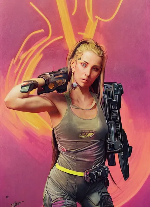 Image similar to beautiful cyberpunk female athlete wearing pink jumpsuit and firing a futuristic yellow belt fed automatic pistol. advertisement for pistol. cyberpunk ad poster by james gurney, azamat khairov, and alphonso mucha. artstationhq. gorgeous face. painting with vivid color, cell shading. buy now! ( rb 6 s, cyberpunk 2 0 7 7 )