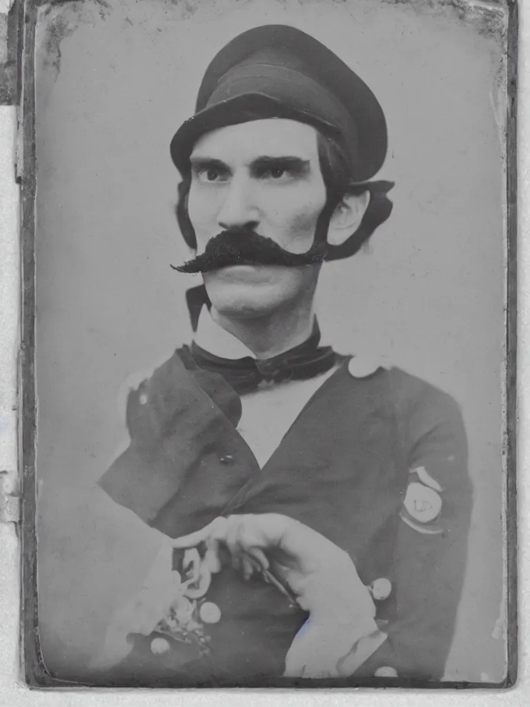 Prompt: Waluigi civil war era photograph, tintype photo, daguerreotype, ultra realistic, 8k, journalistic photography, black and white