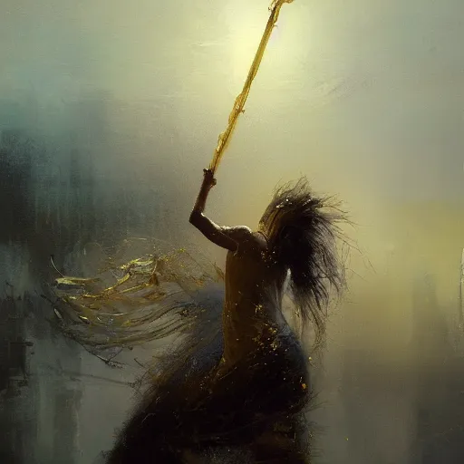 Prompt: painting of a beautiful surreal Harpey clutching a staff of luminous gold, veiled by mist, treading on a cloud, by Jeremy Mann and Jason Jenicke, detailed, stylized, loose brush strokes, intricate, realistic, exaggerated lighting, sense of scale, ferocious, sensual