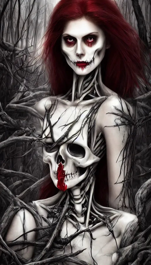 Prompt: photo woman skeleton body!!, in a dark forest, black bones!!, covered with blood, alexandra daddario face!!, long red hair, black heavy eyeliner, blue eyes, realistic, sharp focus, 8 k high definition, insanely detailed, intricate, elegant, art by stanley lau and artgerm, luis royo, greg kutkowski