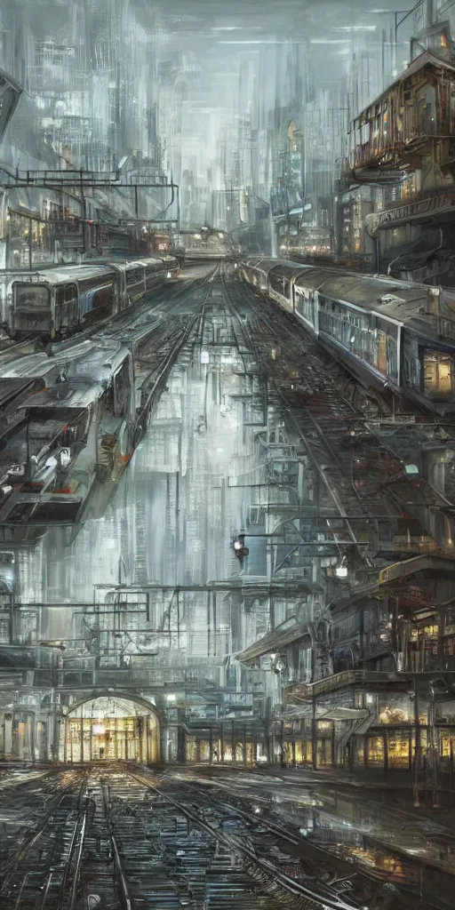 Image similar to 2 0 4 5 train station city landscale, concept art, illustration, highly detailed, artwork, hyper realistic, painting