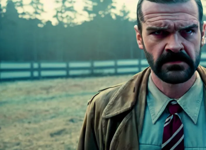 Image similar to film still of jim hopper as joyce byers in stranger things, 8 k