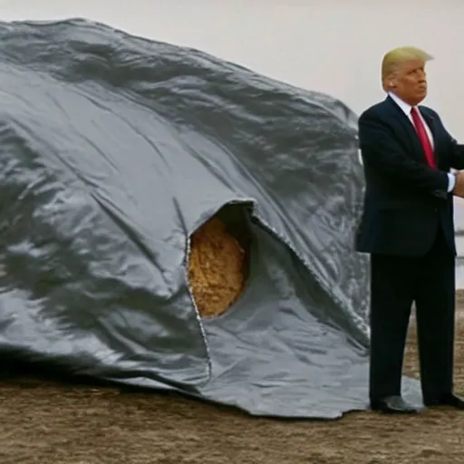 Image similar to photographic evidence of donald trump standing in front of a nuclear bomb hidden under a tarp, 1 0 8 0 p cnn footage