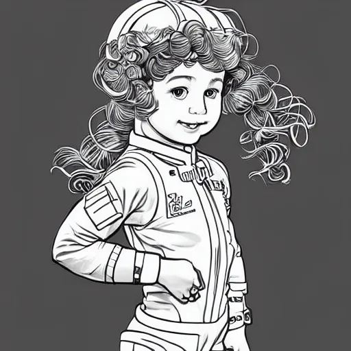 Image similar to clean simple line art of a cute little girl with short wavy curly hair. she is dressed as an astronaut. no background. well composed, clean coloring book page, beautiful detailed face. coloring book line art by artgerm and greg rutkowski and johanna basford and alphonse mucha