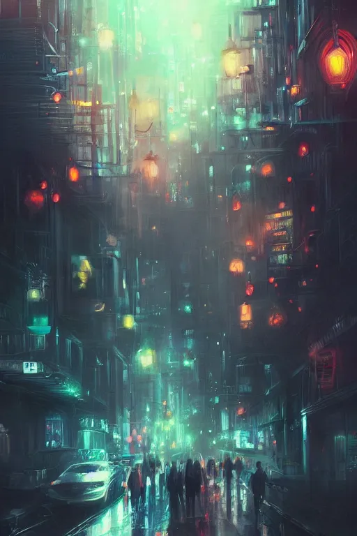 Image similar to a beautiful paiting of Night Life of downtown street by Ross Tran, dark ambient, beautiful, UHD, hyperrealism, Surreal and Fantasy Art, absurdist