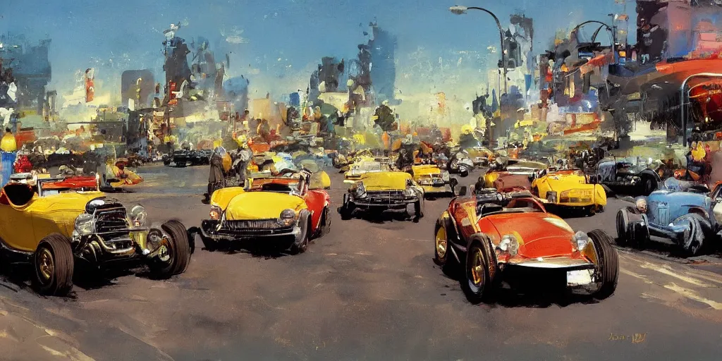 Image similar to hotrods driving down a street , vintage, highly detailed, 4K, by John Berkey