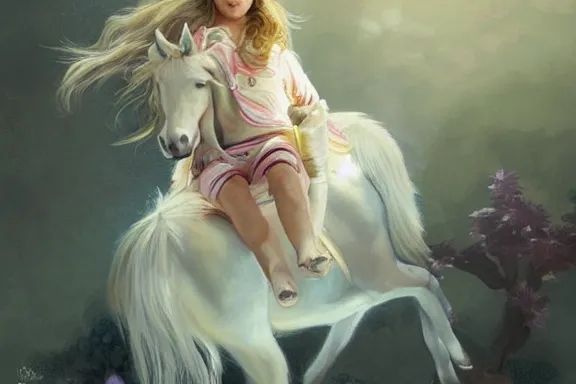 Image similar to little girl in pajamas riding a unicorn, realistic portrait, highly detailed, digital painting, artstation, concept art, smooth, sharp focus, illustration, cinematic lighting, art by artgerm and greg rutkowski and alphonse mucha