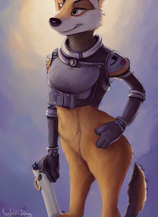 Image similar to oil painting detailed full body of anthromorphic female wolf, in style of zootopia, zootopia, zootopia, fursona, furry, furaffinity, 4 k, deviantart, furry art, fursona art, wearing astronaut outfit, in style of zootopia, wolf fursona, cyberpunk, female, expressive, detailed feminine face,