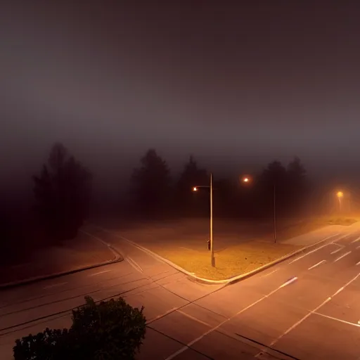 Prompt: A stunningly beautiful award-winning 8K high angle cinematic movie photograph of a foggy intersection in an abandoned 1950s small town at night, by Edward Hopper and David Fincher and Darius Khonji, cinematic lighting, perfect composition, moody low key volumetric light. Color palette from Seven. Shot from above, 3 point perspective, from rooftop