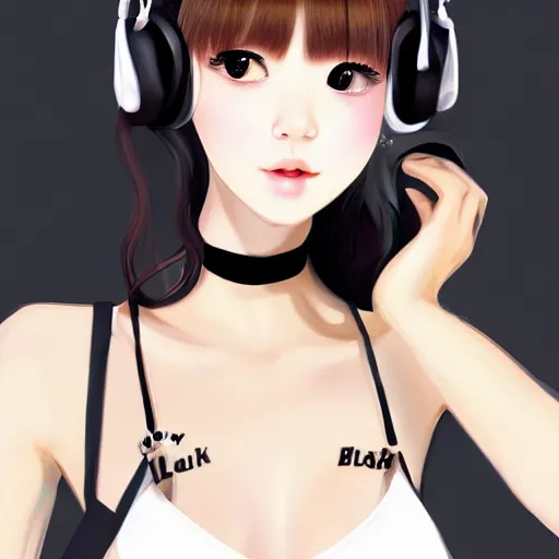 Image similar to realistic beautiful gorgeous buxom natural cute Blackpink Lalisa Manoban black hair cute fur black cat ears, wearing white camisole, headphones, black leather choker artwork drawn full HD 4K highest quality in artstyle by professional artists WLOP, Taejune Kim, Guweiz on Pixiv Artstation