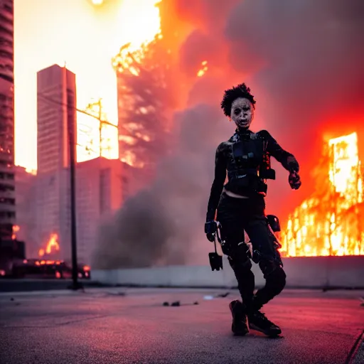 Image similar to Candid extreme wide shot of a poor techwear mixed woman with short hair and tattoos outside of a futuristic Los Angeles on fire, a police MRAP on fire, cyberpunk, 4k, extreme long shot, desaturated, full shot, action shot, motion blur, depth of field, sigma 85mm f/1.4, high resolution, 4k, 8k, hd, full color, award winning photography, war photography