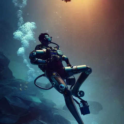 Image similar to a diver wearing full metal gear diving suit meets an unknown underwater species , made by Stanley Artgerm Lau, WLOP, Rossdraws, ArtStation, CGSociety, concept art, cgsociety, octane render, trending on artstation, artstationHD, artstationHQ, unreal engine, 4k, 8k,