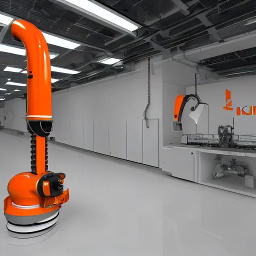 Prompt: kuka industrial robot arm in a white clean room with global illumination