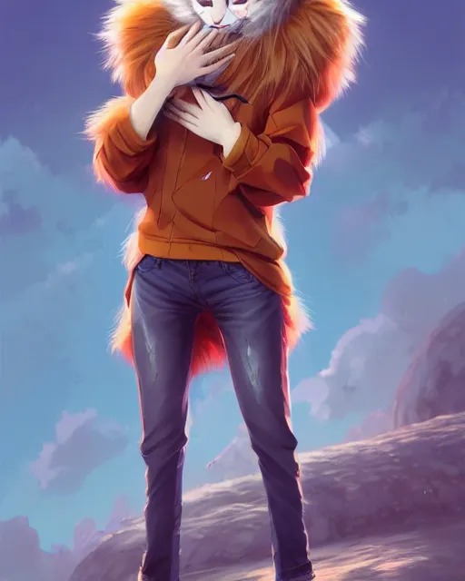 Image similar to gediminas pranckevicius fullbody portrait of anthropomorphic half - tiger fluffy cute anime woman in jeans coat, concept art, anime art, by a - 1 picture, trending on artstation artgerm, ross tran, wlop, marc davis