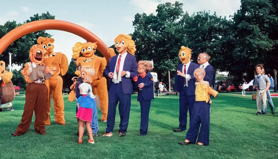 Prompt: 1990s candid photo of a beautiful day at the park, cinematic lighting, cinematic look, golden hour, costumed corporate mascot people giving presentations to families, Enormous personified corporate people with outstandingly happy faces coming out of a portal and talking to families, UHD