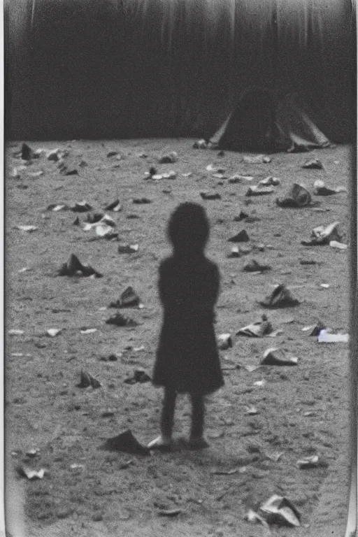 Image similar to photo polaroid of a sad and lonely child stands in the middle many tents of field hospitals, pandemic, covid,loneliness, black and white ,photorealistic, 35mm film,